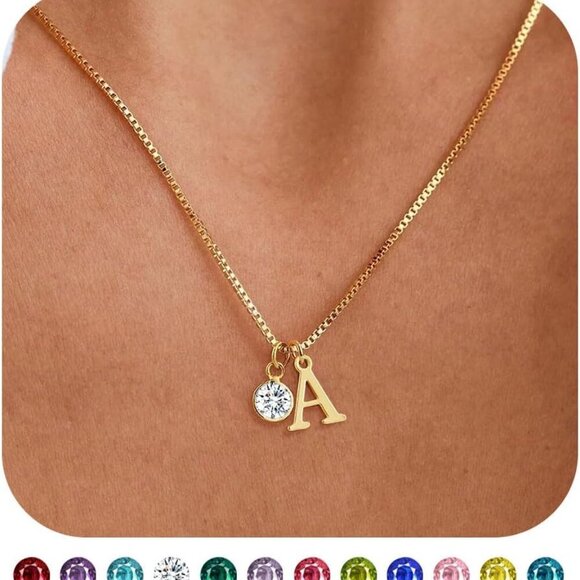 Initial Birthstone Necklaces for Women Trendy 14K Gold Plated Letter A-Z initial - Picture 1 of 6